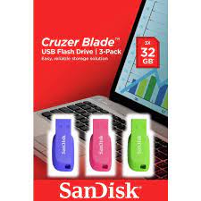 SanDisk Cruzer Blade USB Flash Drive, CZ50 32GB, USB2.0, Triple Pack, Blue, Pink, Green, compact design, 5Y